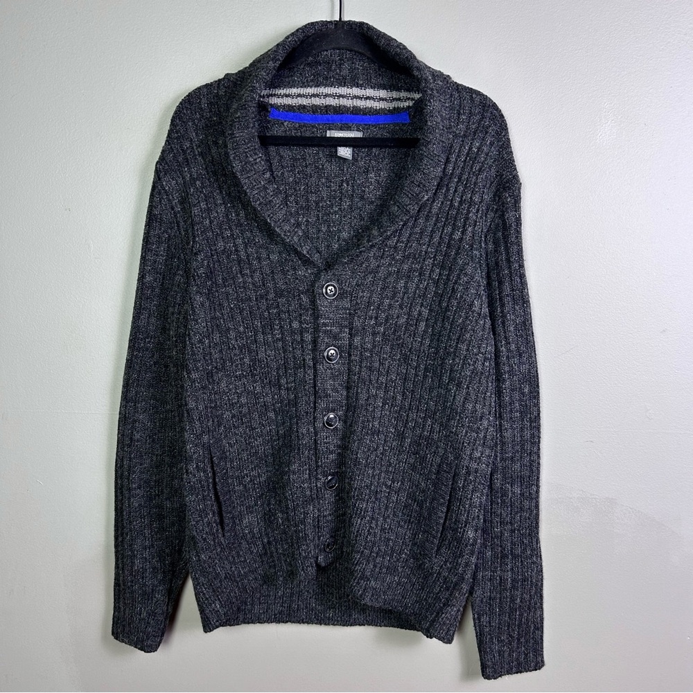 Kenneth Cole Reaction sweater cardigan men's large Grandpa heather gray varsity